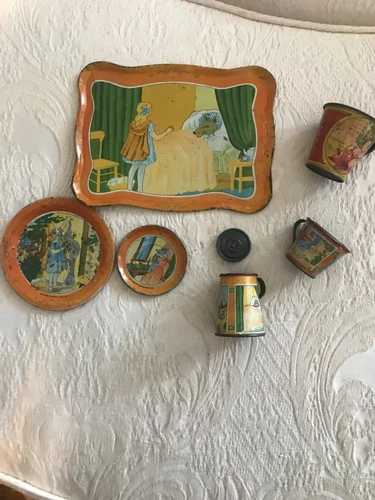 Ohio Art Co tin litho plate LITTLE RED RIDING HOOD & THE BIG BAD WOLF 6 Pcs 1920