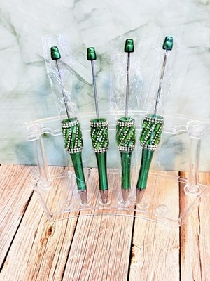 4 piece Decorated DIY Beadable Pens Rhinestones Green Custom made