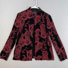 Alex Evenings Womens Jacket Large Black Red Velvet Floral Paisley Sequin