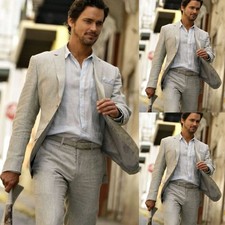 2Pcs Men's Suits Summer Wedding Groom Jacket Linen Casual Business Blazer Coat