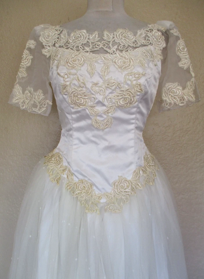 Vtg 50s White Wedding Dress Gown S Women Satin Bodice Tulle Skirt Beaded Lace - Image 2 of 4