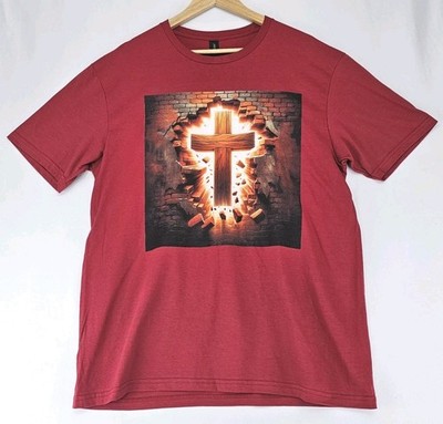 Exploding Cross Breaking Through Wall Tshirt Comfortable Unisex L Red Religious