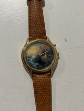 Vtg Thomas Kinkade Watch Men Women 36mm Gold Tone Lighthouse New Battery 8.5"