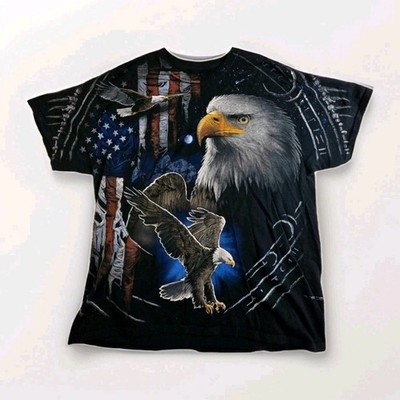 VTG Y2K Liquid Blue Eagle T-Shirt XL AOP Double Sided USA Flag Biker Graphic Tee