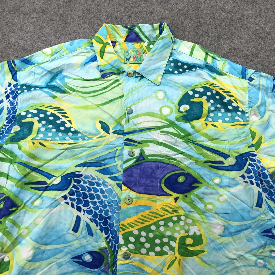Camisa Jams World Para Hombre Grande Azul Verde Tropical Peces Aloha Campamento de Rayón Hawaiano Foto 4 de 4