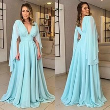 Light Sky Blue Mother of The Bride Dress Deep V Cape Sleev Wedding Evening Gown