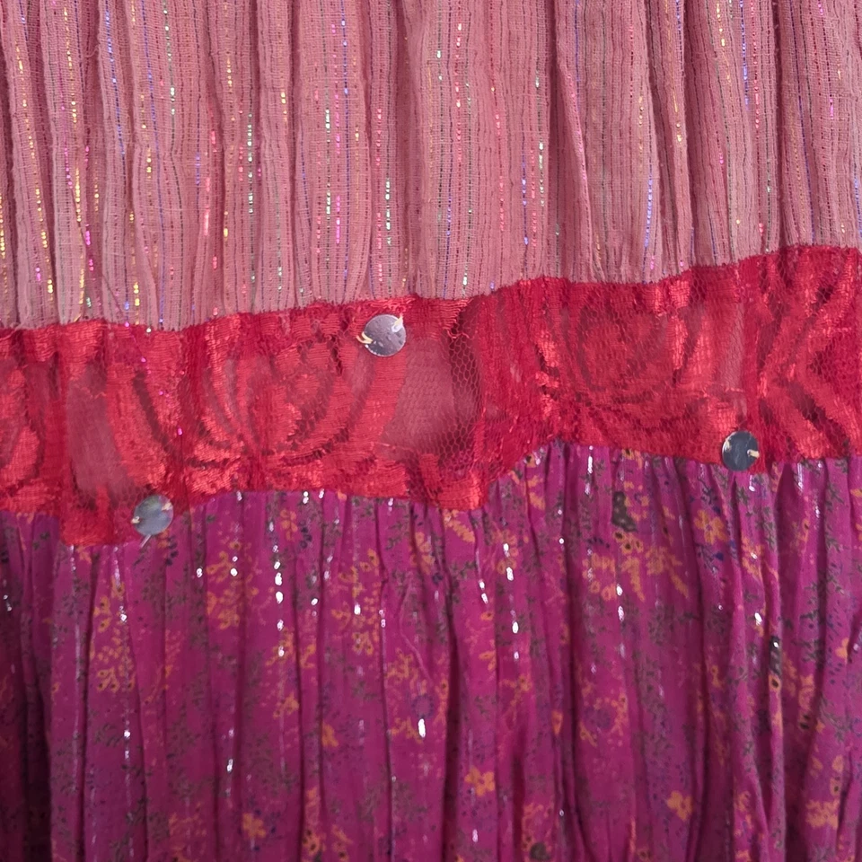 Maxi Falda Boston Propia Púrpura Roja En Niveles Lentejuelas Brillante Boho Festival Talla S Foto 3 de 4