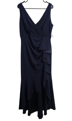 Betsy & Adam Womens 14P Petite Sleeveless V-Neck Side Ruffle Gown Navy A24829P