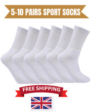 5-10 Pair Mens Sports Crew Socks White Black Plain Cotton Cushioned Sock 6-11 UK