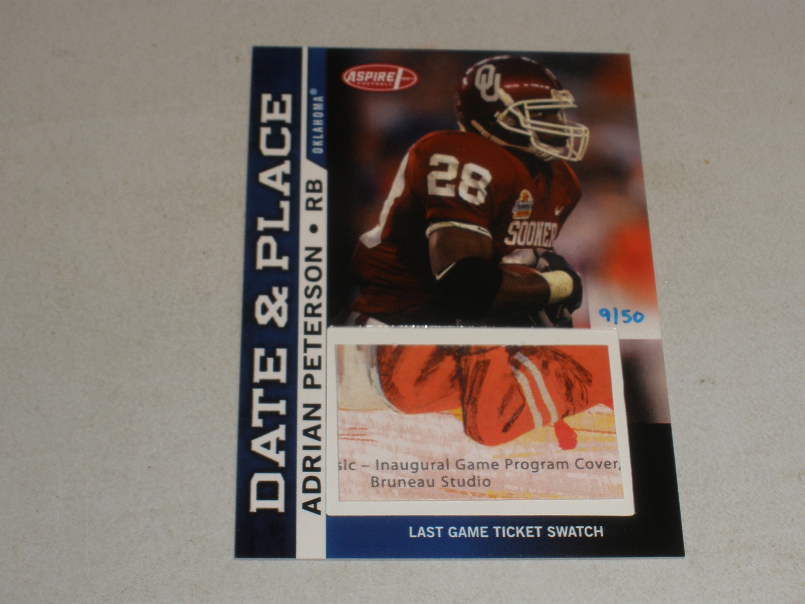 Adrian Peterson SA-GE Aspire Date and Place #DP18 Ticket Swatch Autograph