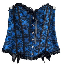 Ruffled Lace Up Corset Top XL Blue Black Whimsigoth Coquette Milkmaid Festival