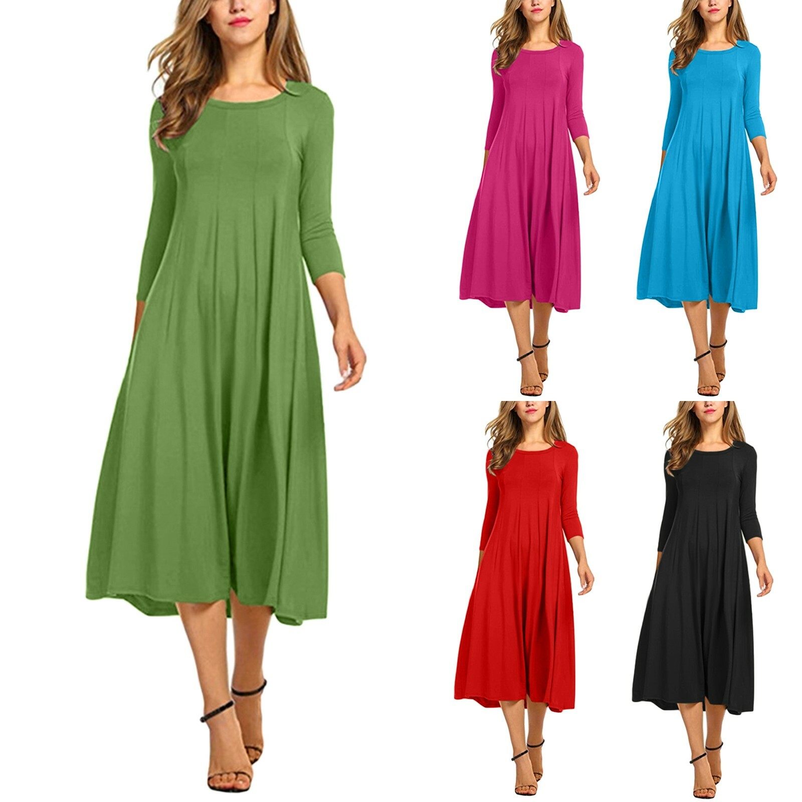 Womens Long Sleeve Plain Midi Dress 