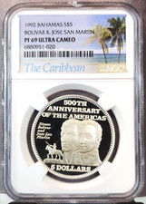 1992 BAHAMAS SILVER 5 DOLLARS BOLIVAR & JOSE SAN MARTIN NGC PF 69 ULTRA CAMEO