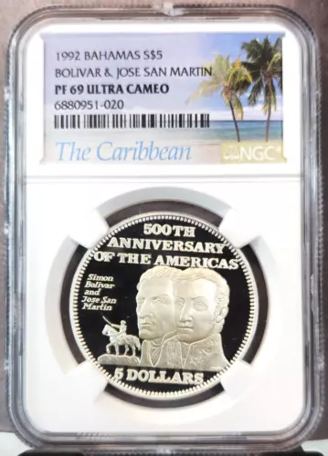 1992 BAHAMAS SILVER 5 DOLLARS BOLIVAR & JOSE SAN MARTIN NGC PF 69 ULTRA CAMEO