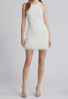 $598 Kobi Halperin Women's Ivory Isla Sleeveless Feather Trim Mini Dress Size M