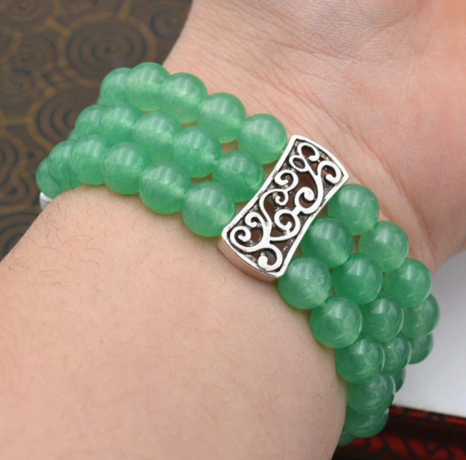 Brazalete de plata tibetana elástico 3 filas 8 mm aventurina gemas redondas cuentas 7,5"" Foto 2 de 3