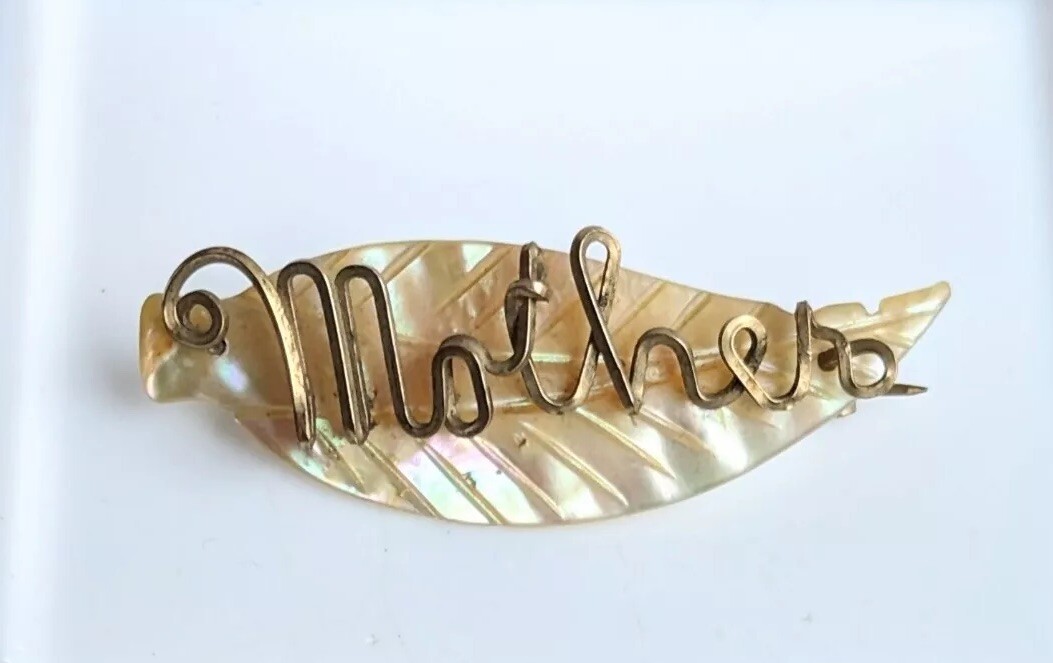 Vtg Mother Of Pearl Spell Out Pin Brooch MOP Gold… - image 1