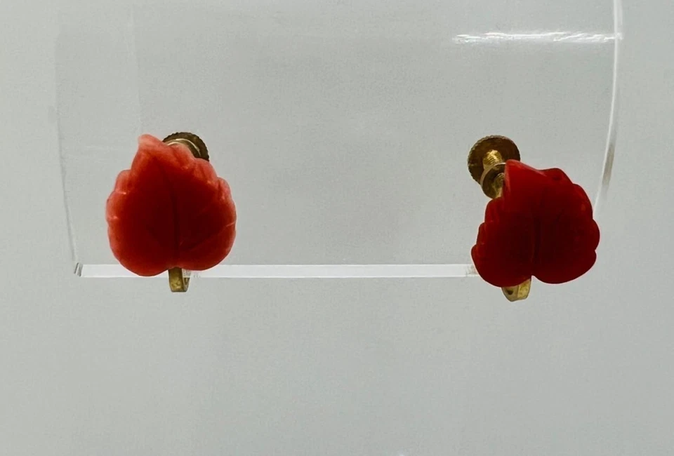 Vintage Art Deco Coral Earrings Korallen Ohrringe Blatt Handgeschnitzt 1920s - Bild 3 von 4