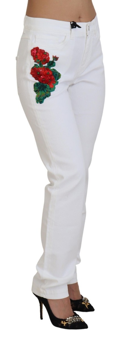 ドルチェ&ガッバーナ レディース　デニム　ホワイト DOLCE & GABBANA Jeans White Floral Embroidery Skinny Denim