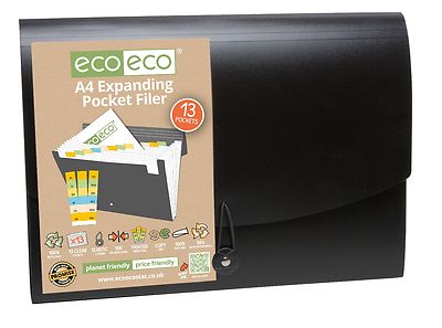 ecoeco A4 13-teiliger erweiterbarer Aktenordner - schwarzes Akkordeon mit Registerkarten, umweltfreundlich