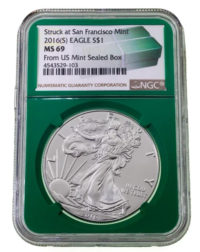 2016-(S) $1 Silver American Eagle Graded by NGC as MS69 Sealed Box Green Holder