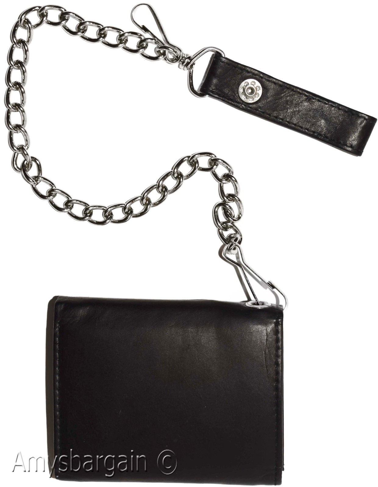 Men's genuine leather trifold chain wallet motorcycle trucker biker black wallet