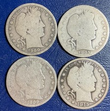 Set Lot 4 FOUR Barber Half Dollars 1900-O 1901-P 1909-O 1915-S silver Coins B335