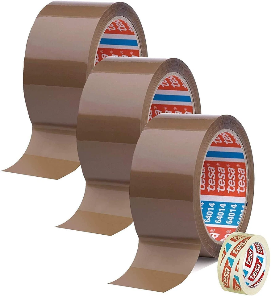 tesa Packband 64014 PP braun 50 mm x 66 m (3 Stück) + tesa Klebeband transparent