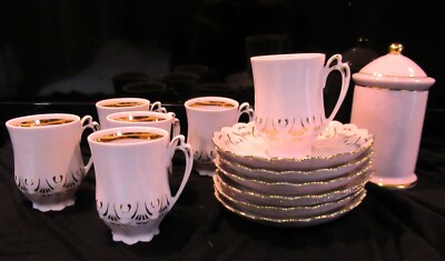 Bohemian 6 Dainty PINK BONE CHINA cups & saucers PLUS bonus tea or coffee jar!