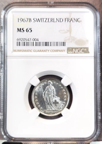 1967 SWITZERLAND SILVER 1 FRANC HELVETIA NGC MS 65 GREAT LUSTER GEM BU