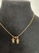 Necklace with 2 kids children charms Gold Tone metal 28" long F95