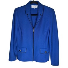 St John Collection Marie Gray Royal Blue Chevron Knit Zip Jacket Blazer Size 6