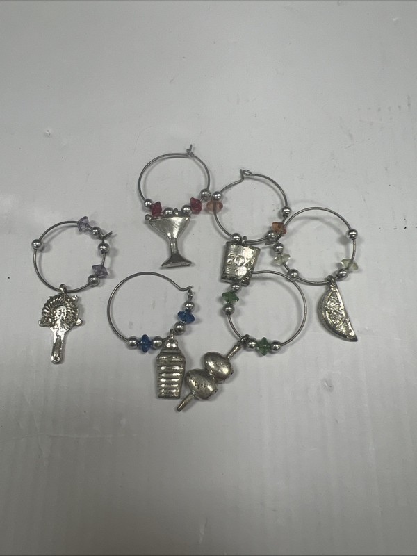 Wine Glass Charm Set of 6 Barrels Cup Grapes Silver Color Metal Reusable 1/2”