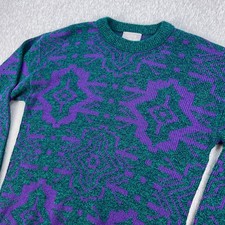 Vintage Le Tigre Sweater Mens M Purple Green Geometric Ugly Made in USA 80s