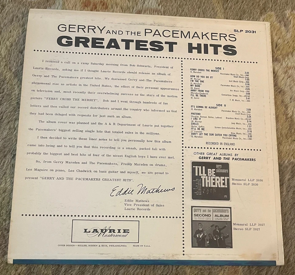 1965 Pop Rock LP - Gerry & The Pacemakers "Greatest Hits" LAURIE #2031  STEREO - Image 2 of 2