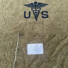 Vintage NOS 1953 US Army Korean War Medical Wool Blanket OD#36 Caduceus Stencil