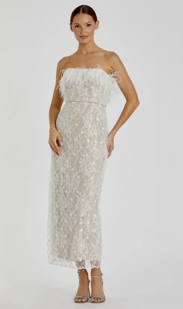 Mac Duggal 68140 Sz 10 White Beige Floral Beaded Feathers Strapless Gown $498