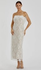 Mac Duggal 68140 Sz 10 White Beige Floral Beaded Feathers Strapless Gown $498