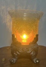 Tuscany Style Corded Accent Table Lamp With Amber Glass Shade & Heavy Metal Base