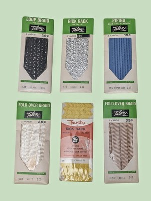 TALON TAPES Fold Over Braid Piping Loop Braid Black Blue METALLIC Silver 6 Pack