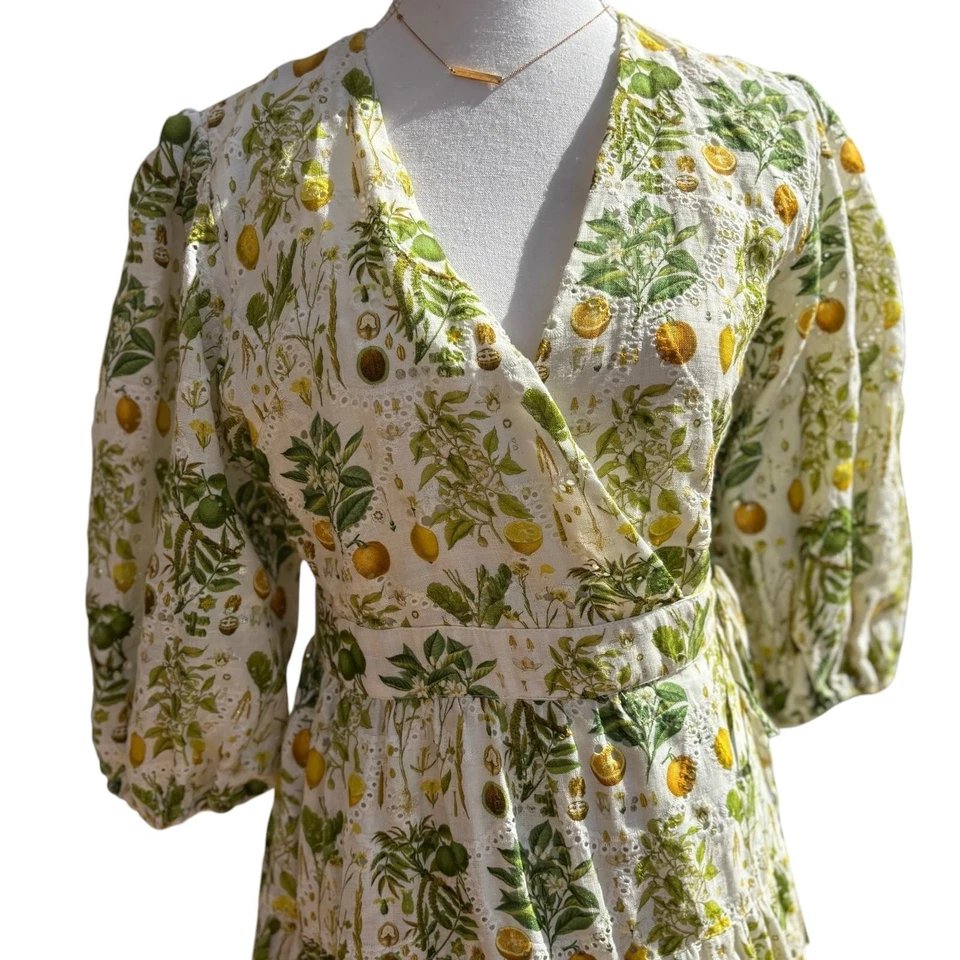 Vestido Palm Noosa AU 12 US8 Cítrico Botánico Lino Envolvente Manga Abullonada Maxi Voluminoso Foto 3 de 4