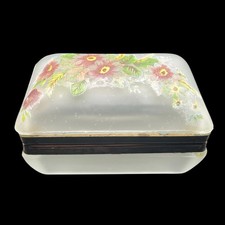 Vintage Floral Design Frosted Glass  Brass Hinged Trinket Box Has Verdigris