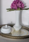 Vintage Milk Glass  Hobnail VANINTY POWDER JAR & Quilt Pattern 9" VASE