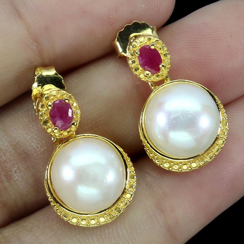 925 Sterling Silver Earrings Oval Ruby 4x3mm Pearl Natural Gemstone Jewelry - Picture 2 of 14
