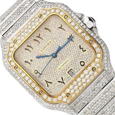 10CTW Natural Diamond Cartier Santos WSSA0018 Pave Arabic Dial Automatic Watch
