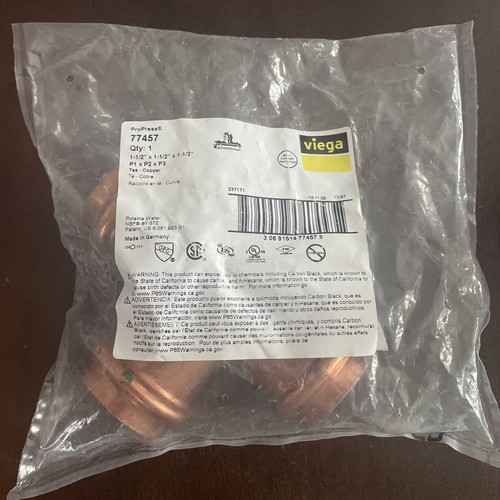 Viega 77457 ProPress 1.5” Press Copper Tee, 1-1/2” x 1-1/2” x 1-1/2”P1 x P2 x P3