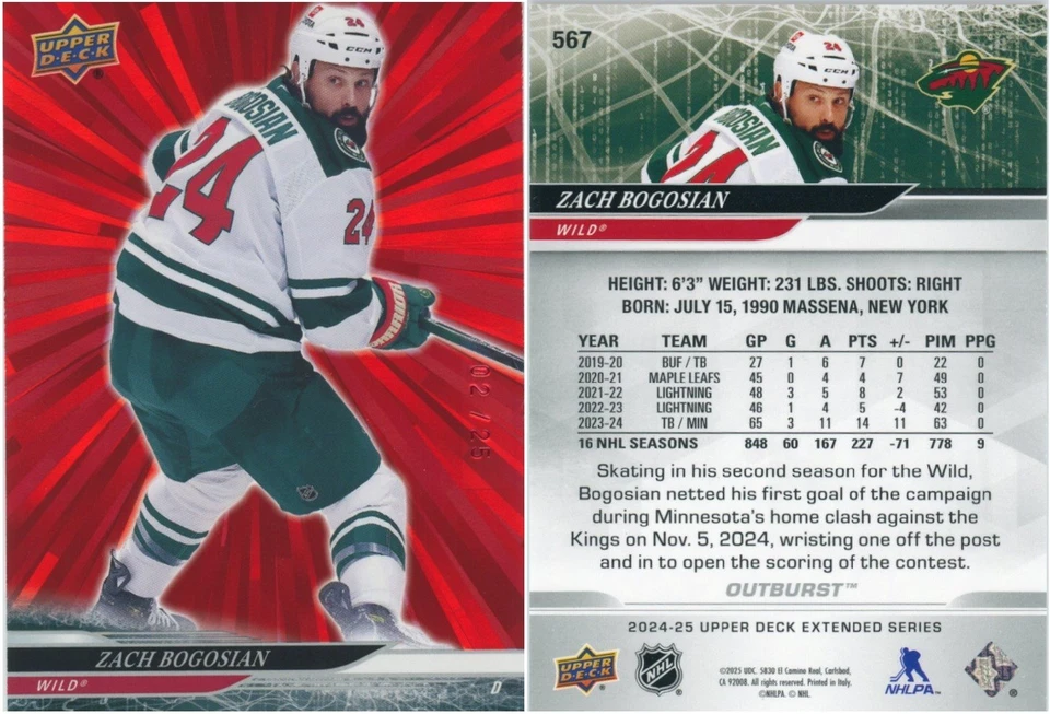 ZACH BOGOSIAN #567 - 2024-25 Upper Deck расширенная серия - RED OUTBURST 02/25 SSP - Изображение 2 из 4