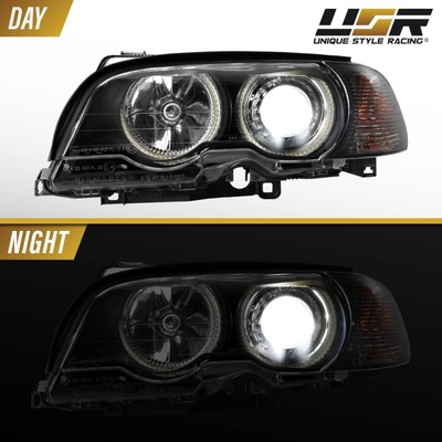 EAGLE EYES Halo Projector Headlights For 99-01 BMW E46 3-Series Coupe - Black/Amber