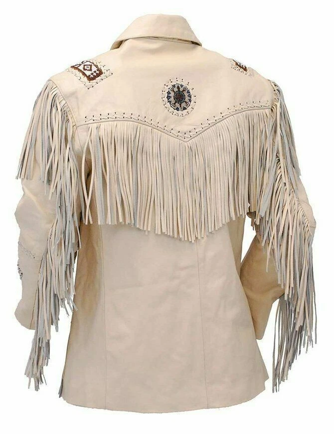 Western Cowhide Leather Jacket Mens Native American Beads & Fringe Cowboy Jacket - Image 2 of 4