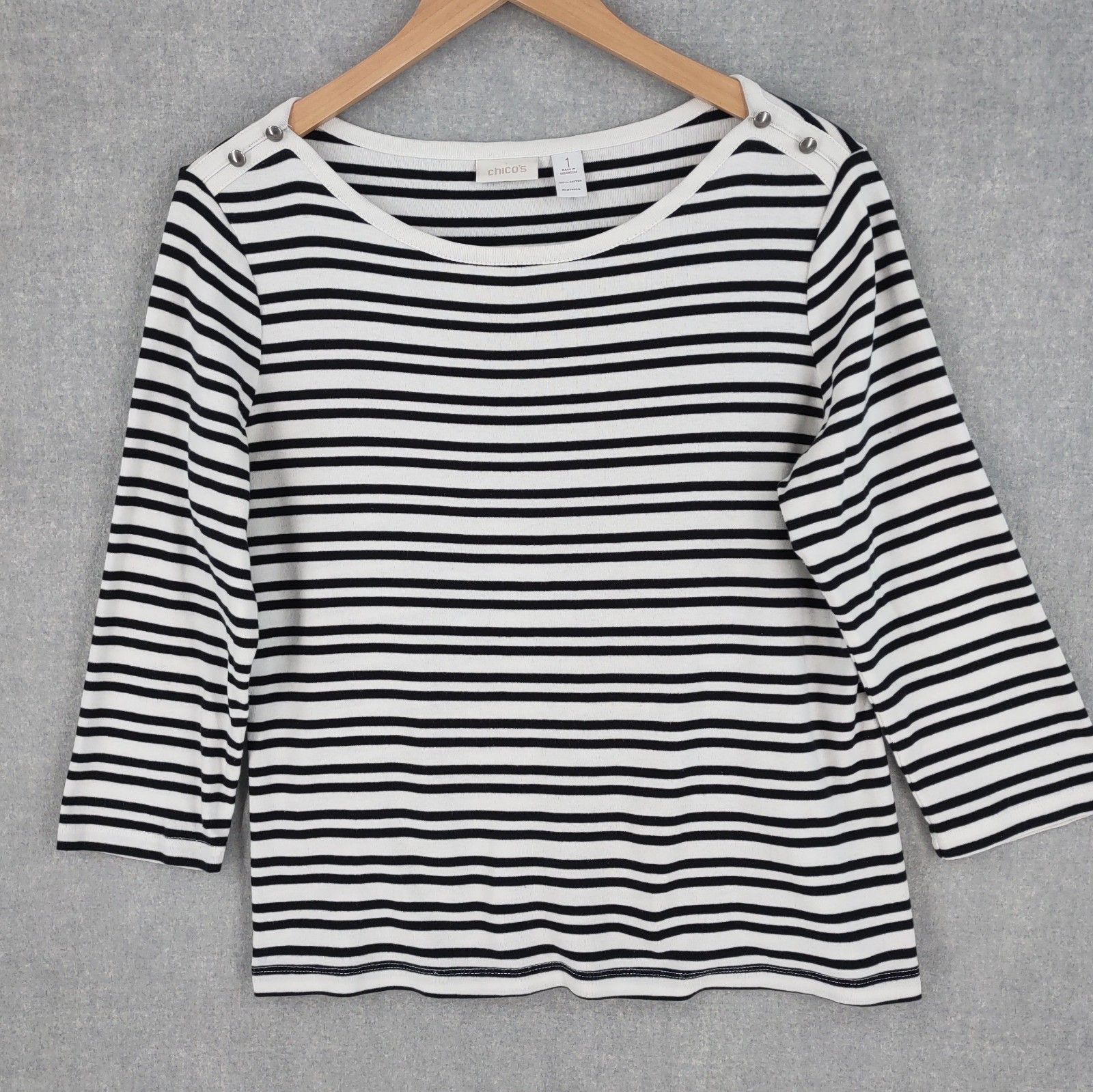 Chicos Top Women 1 Multi Stripe Cotton Knit Pullover Shoulder Button Nautical